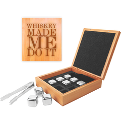 6 1/4" x 6 3/4" Stainless Steel Whiskey Stone Set in Bamboo Case