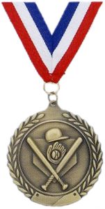 Baseball "Theme" Low Relief Cast Antiqued Gold Medal with RW&B Neck Ribbon
