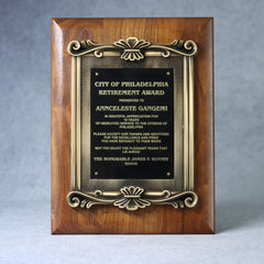 Solid Walnut Plaque with Antique Gold Metal Scroll Frame