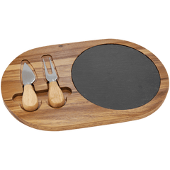 Acacia Wood/Slate Oval Cheese Set with Two Cheese Tools