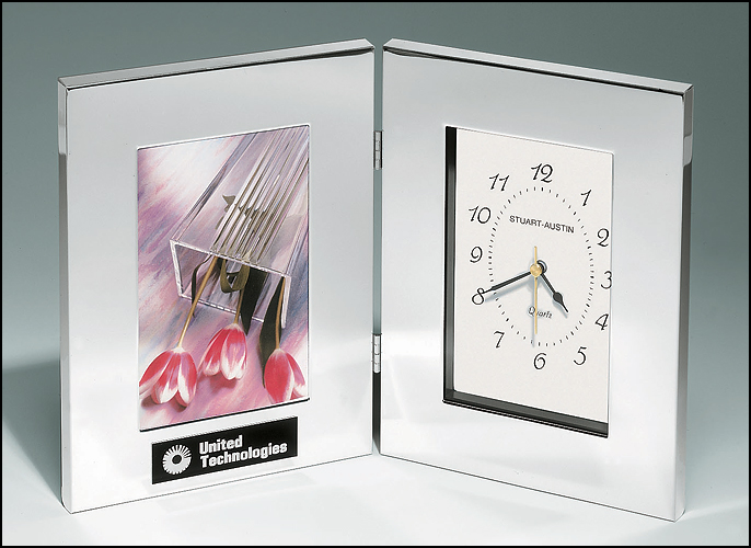 Combination Clock and Photo Frame in Polished Silver Aluminum