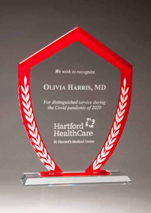 Shield Glass Award â€“ Red Border with White Laurel Leaves