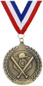 Baseball "Theme"  Low Relief Cast  Antiqued Gold Medal with RW&B Neck Ribbon