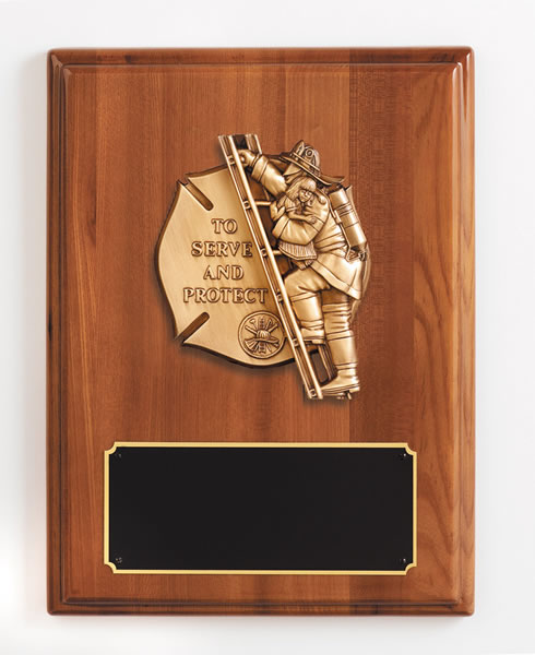 Walnut Piano Finish plaque with Fireman Casting and Black Brass Engraving Plate (AT46)